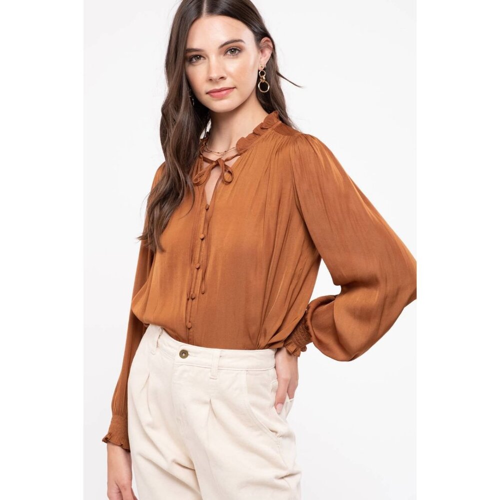 Rust colored long sleeve satin feel shirt